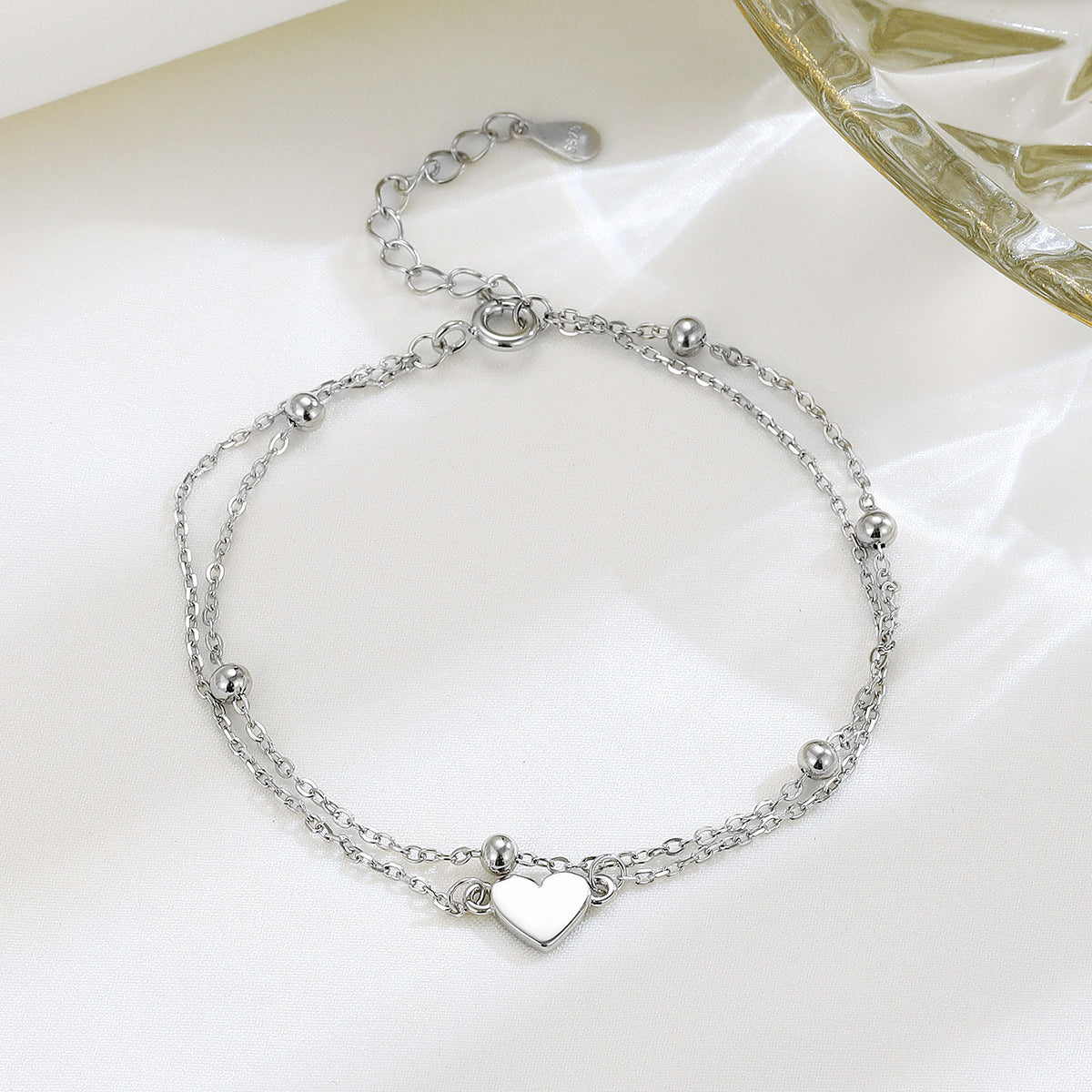 Sterling Silver Heart Double-Layer Bracelet – Dainty Layered Chain for Women