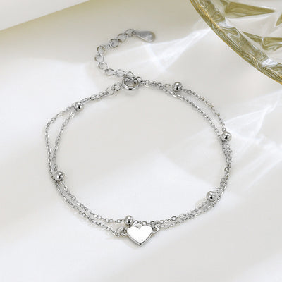 Sterling Silver Heart Double-Layer Bracelet – Dainty Layered Chain for Women