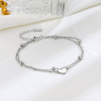 Sterling Silver Heart Double-Layer Bracelet – Dainty Layered Chain for Women