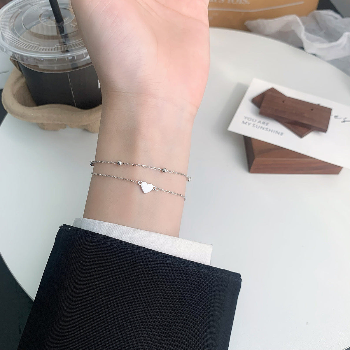 Sterling Silver Heart Double-Layer Bracelet – Dainty Layered Chain for Women