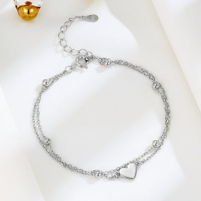 Sterling Silver Heart Double-Layer Bracelet – Dainty Layered Chain for Women